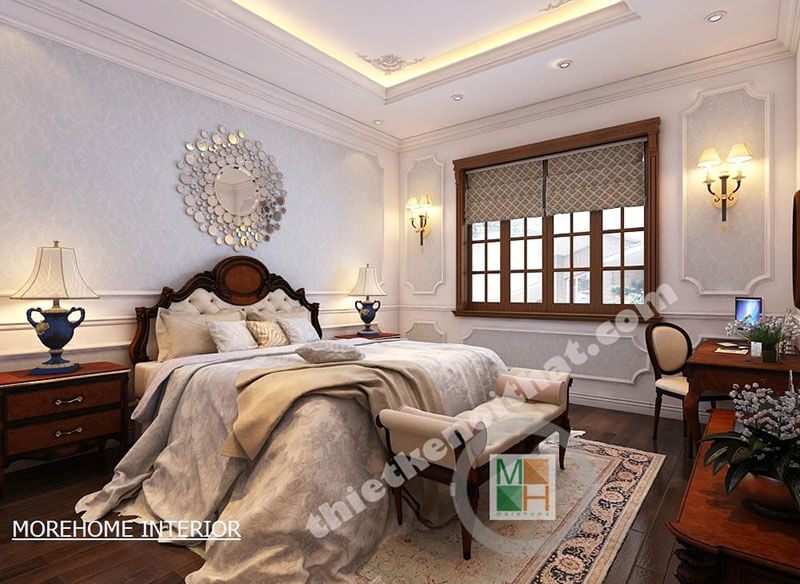 Thiết kế nội thất phòng ngủ đẹp với các trang trí bức tường bằng giấy dán tường họa tiết tân cổ điển kết hợp gương trang trí ấn tượng tạo không gian sang trọng và hài hòa với nội thất.