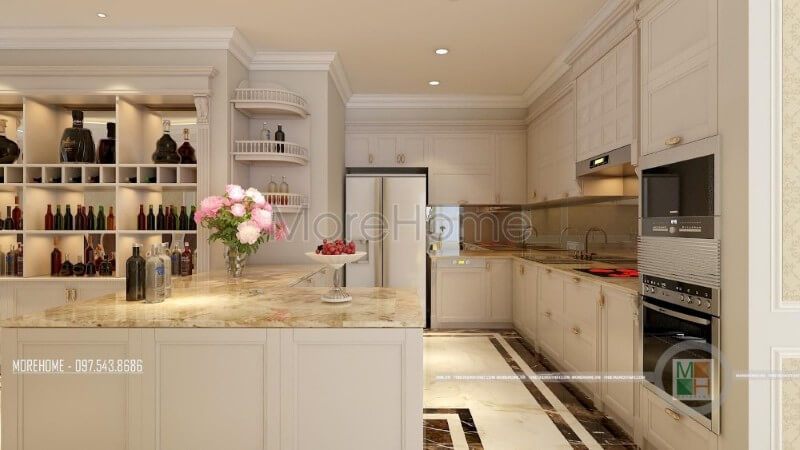 Đá nhân tạo cao cấp được lựa chọn để ốp mặt bàn bếp thêm sạch sẽ và ấn tượng hơn