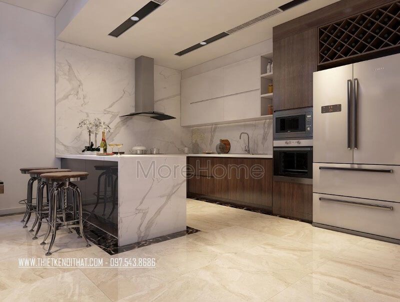 Phòng bếp hiện đại được thiết kế theo hình chữ U rộng rãi, giúp kết hợp với bàn bar tiện lợi hơn cho người đầu bếp.