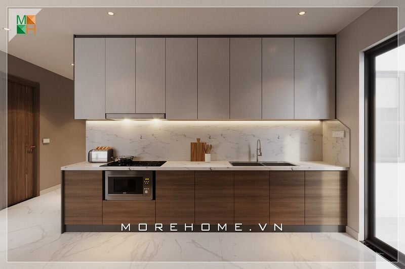 Mẫu thiết kế tủ bếp ốp mặt và ốp tường bằng đá nhân tạo vân mây cao cấp giúp bạn dễ dàng vệ sinh và tạo nên một vẻ đẹp cao cấp, sang trọng cho không gian phòng bếp.
